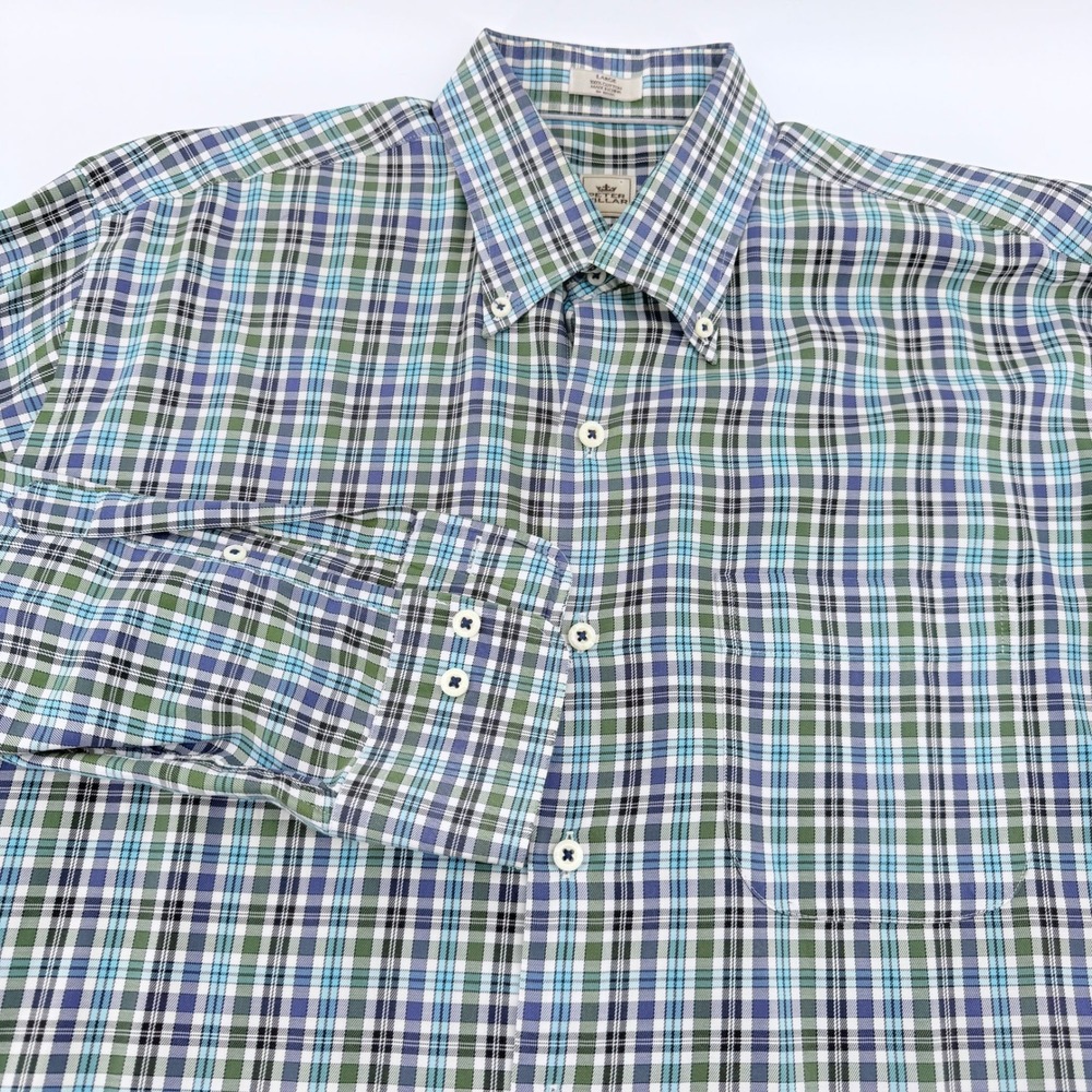 Peter Millar Long Sleeve Button Down Shirt Mens Large Blue Green Plaid Cotton